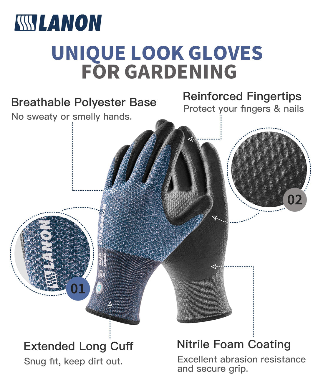 LANON Breathable Nitrile Coated Gardening Gloves, 2 Pairs