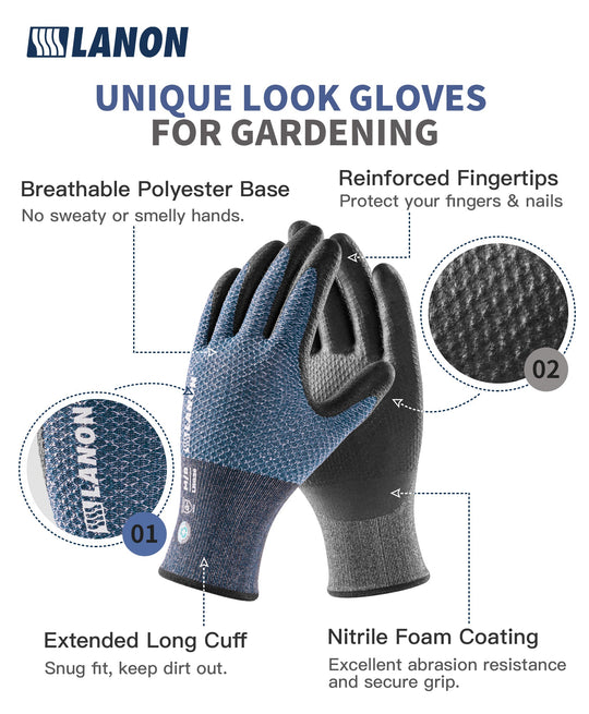 LANON Breathable Nitrile Coated Gardening Gloves, 2 Pairs