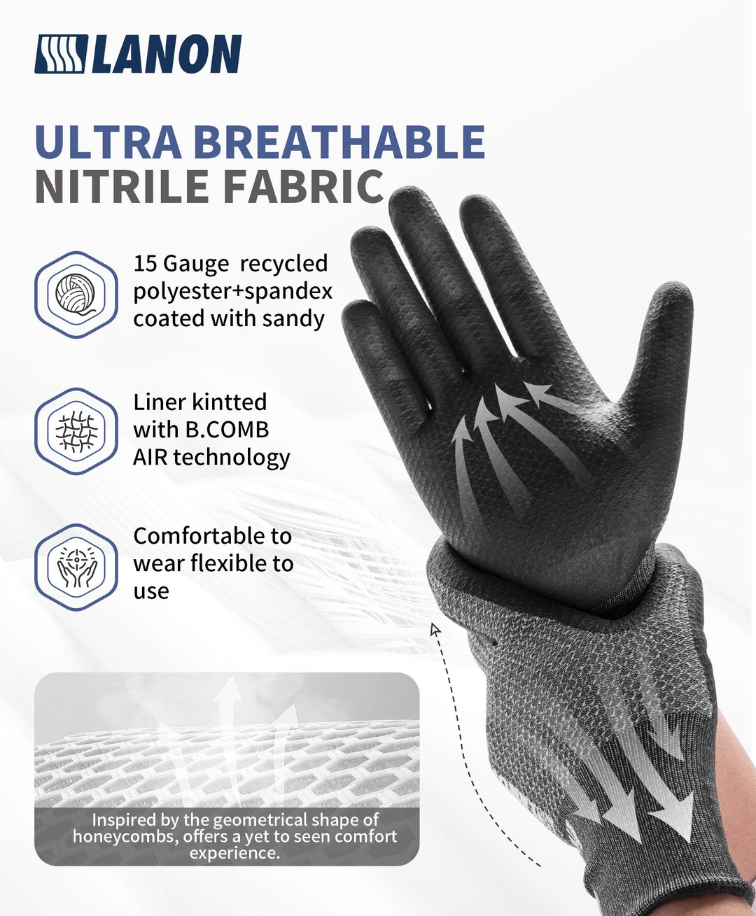 LANON Breathable Nitrile Coated Gardening Gloves, 2 Pairs