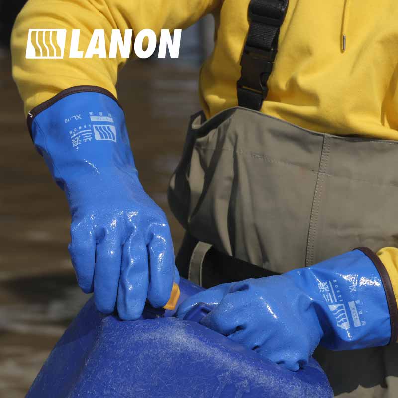 LANON Heavy-Duty PVC Chemical Resistant Gloves - Blue XL Acid, Alkali & Oil Protection With Non-Slip Grip